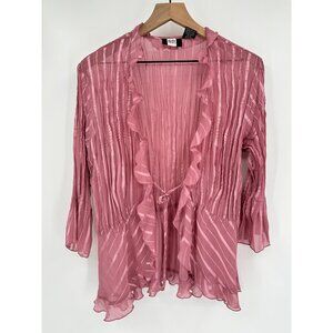 Studio 1940 Front Tie Blouse Women 18/20 Pink Sheer Ruffle Pleated V-Neck Stripe